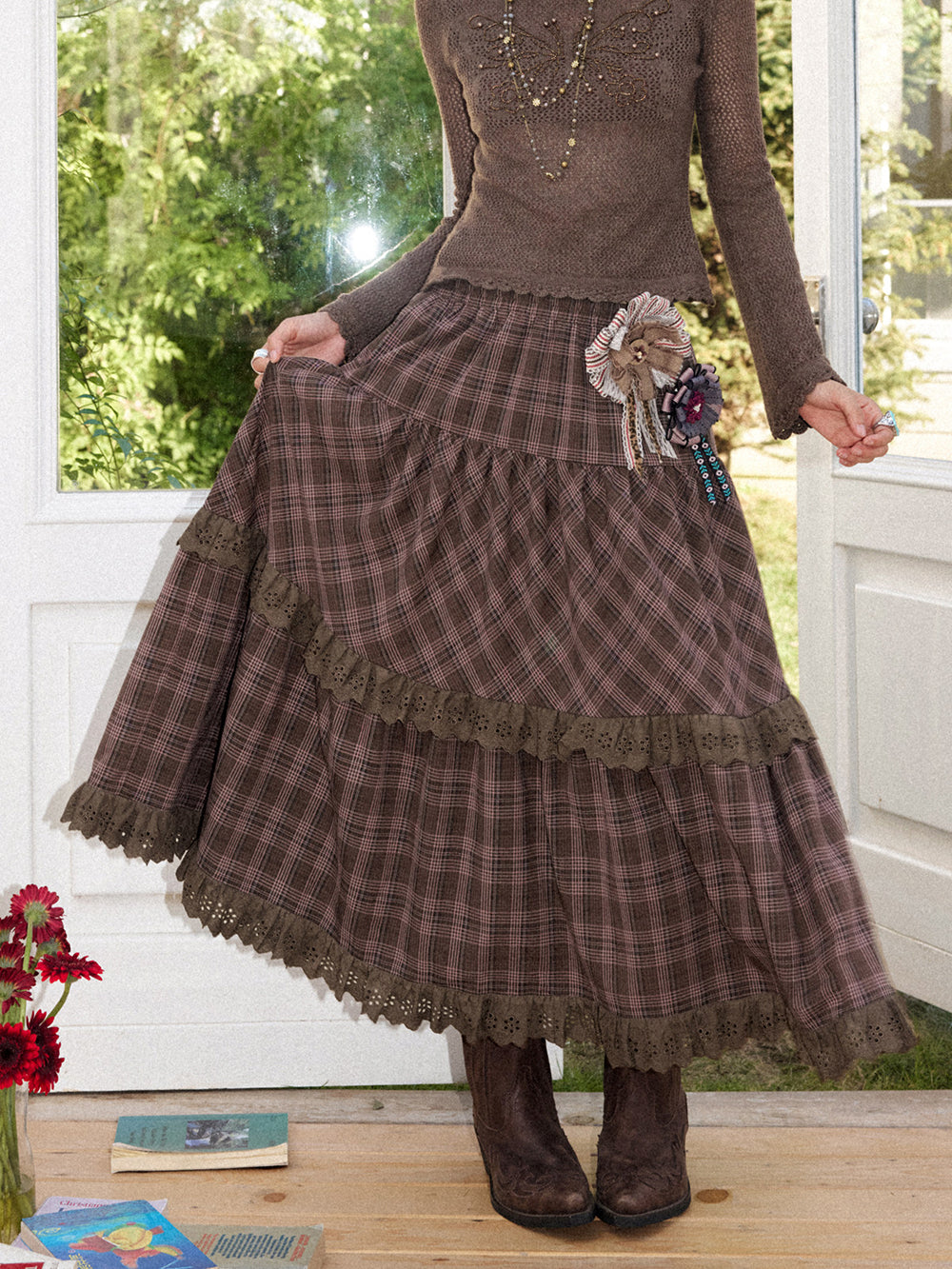 Vintage Plaid Eyelet Lace Tiered Maxi Skirt