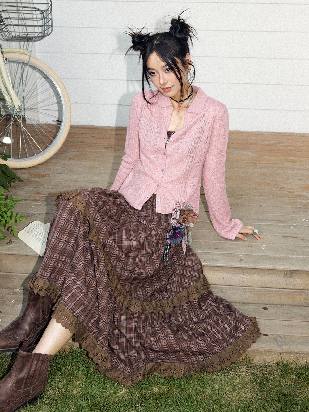 Vintage Plaid Eyelet Lace Tiered Maxi Skirt