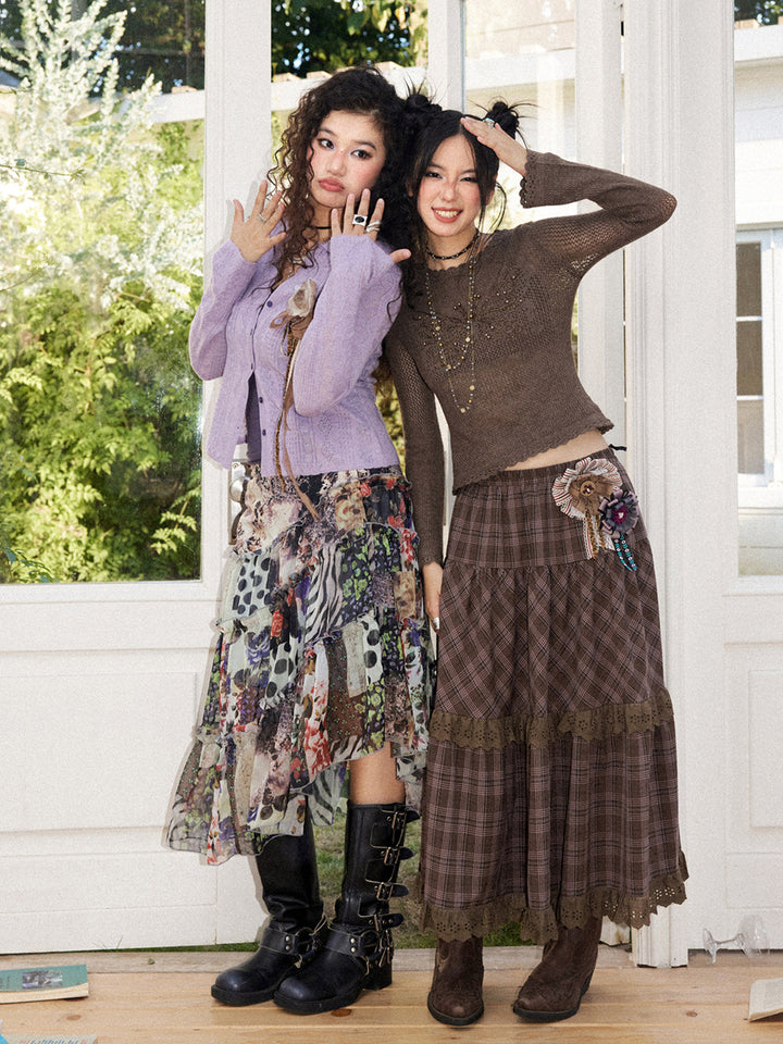 Vintage Plaid Eyelet Lace Tiered Maxi Skirt