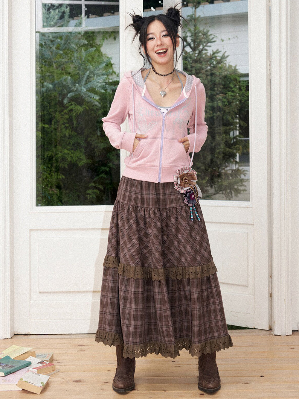 Vintage Plaid Eyelet Lace Tiered Maxi Skirt