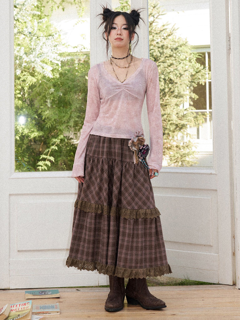 Vintage Plaid Eyelet Lace Tiered Maxi Skirt