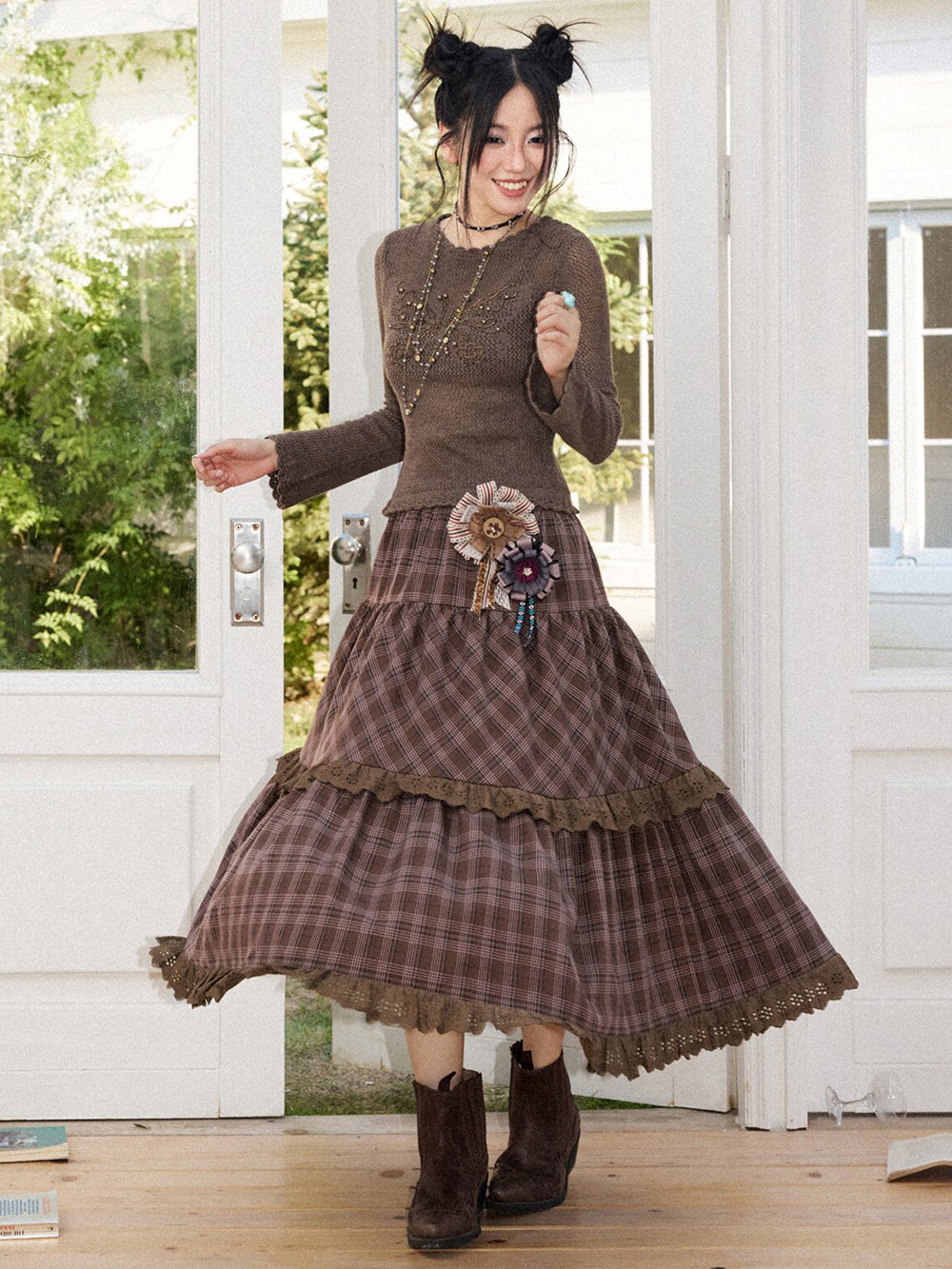 Vintage Plaid Eyelet Lace Tiered Maxi Skirt