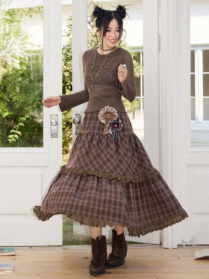 Vintage Plaid Eyelet Lace Tiered Maxi Skirt