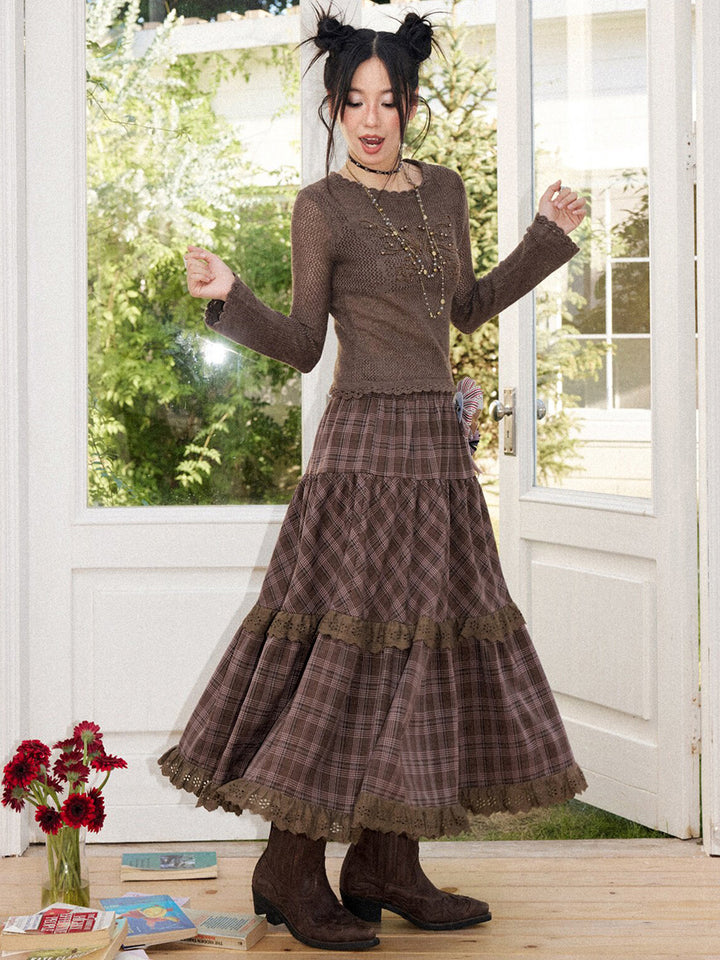Vintage Plaid Eyelet Lace Tiered Maxi Skirt