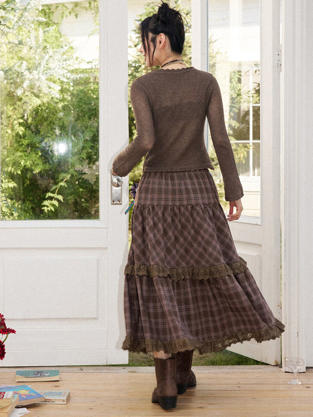 Vintage Plaid Eyelet Lace Tiered Maxi Skirt