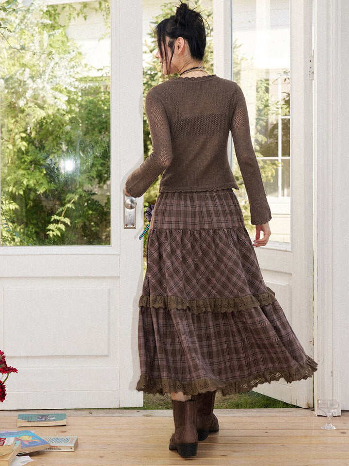 Vintage Plaid Eyelet Lace Tiered Maxi Skirt