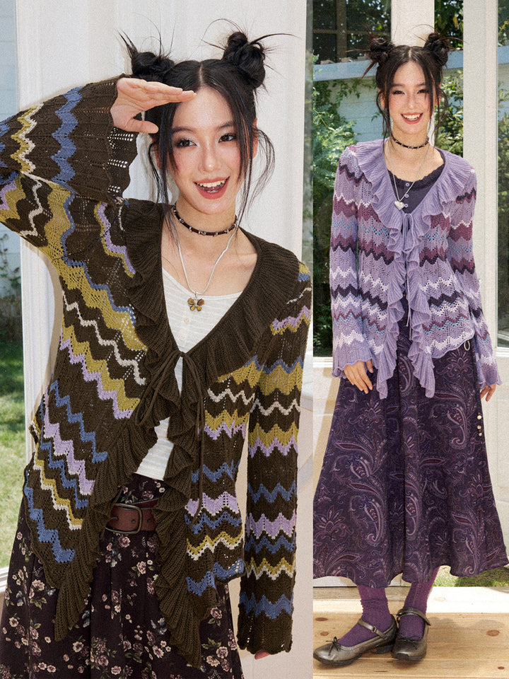 Retro Chevron Ruffle Tie-Front Knit Cardigan