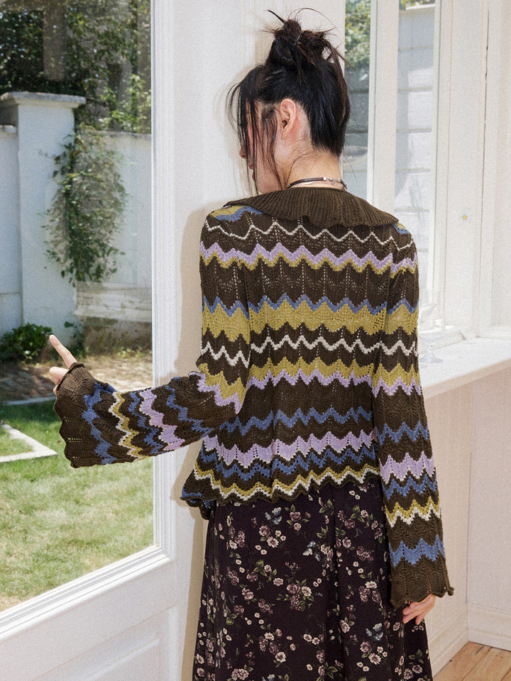 Retro Chevron Ruffle Tie-Front Knit Cardigan