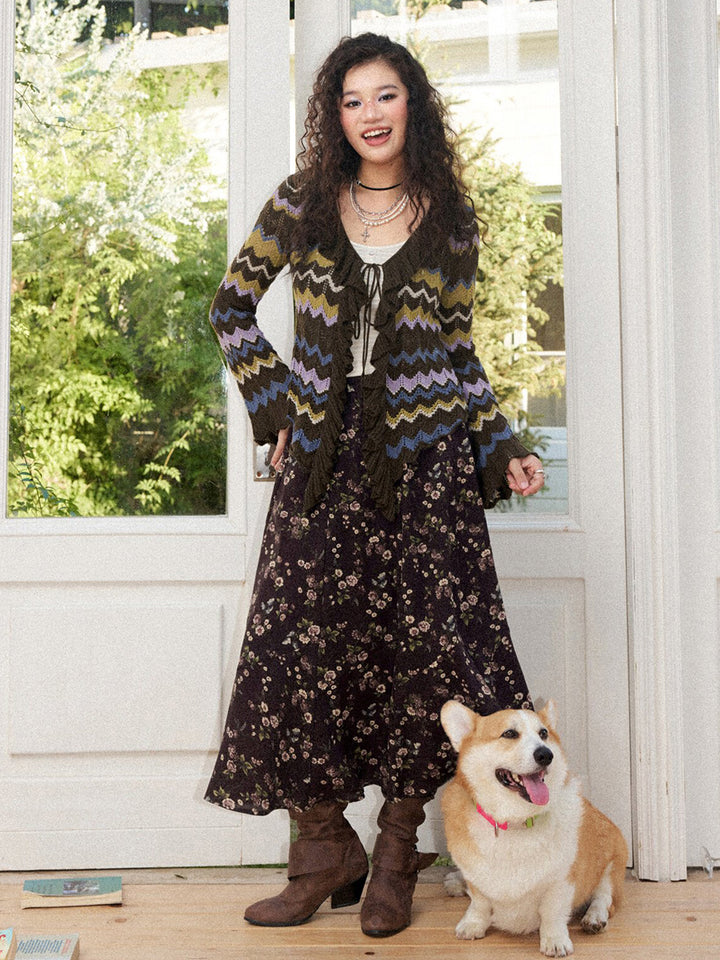 Retro Chevron Ruffle Tie-Front Knit Cardigan
