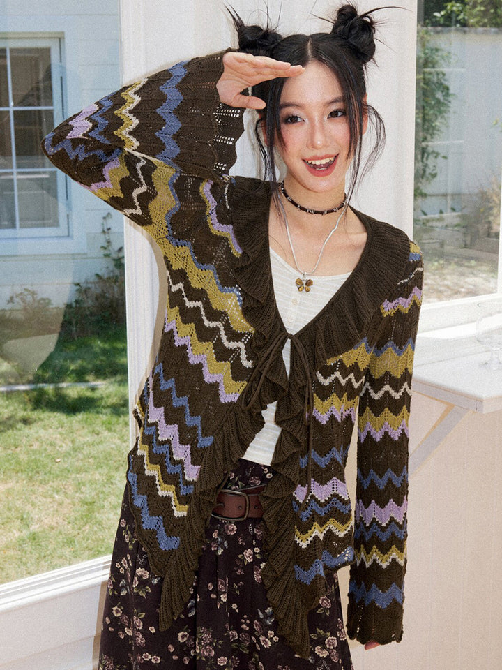 Retro Chevron Ruffle Tie-Front Knit Cardigan