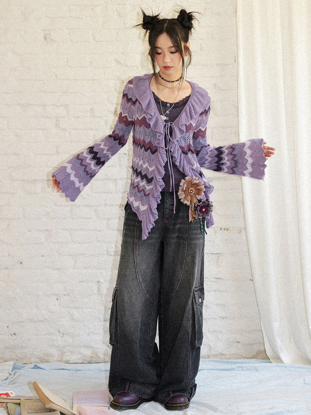 Retro Chevron Ruffle Tie-Front Knit Cardigan