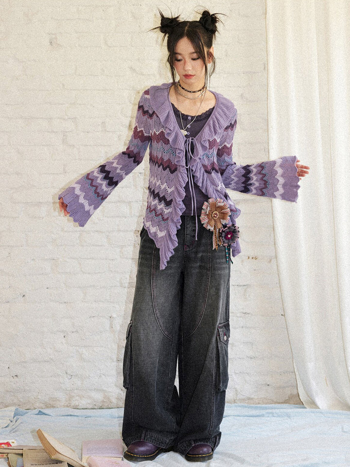 Retro Chevron Ruffle Tie-Front Knit Cardigan