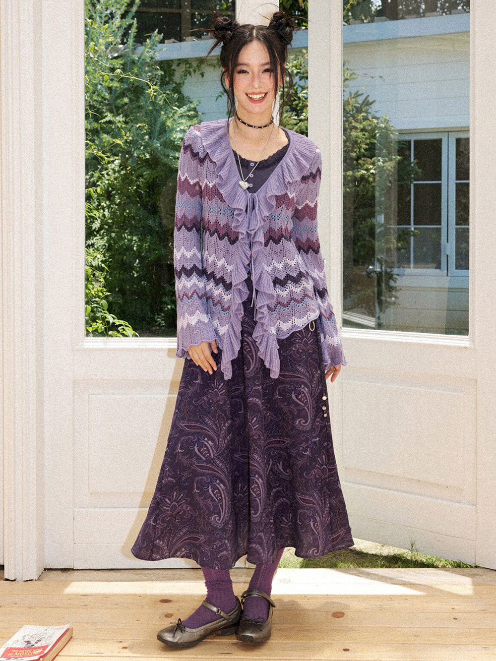 Retro Chevron Ruffle Tie-Front Knit Cardigan