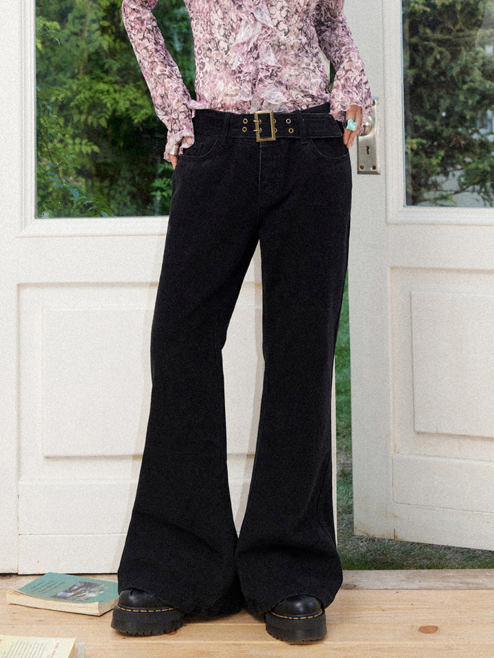 Grommet Belt Low-Rise Flare Pants