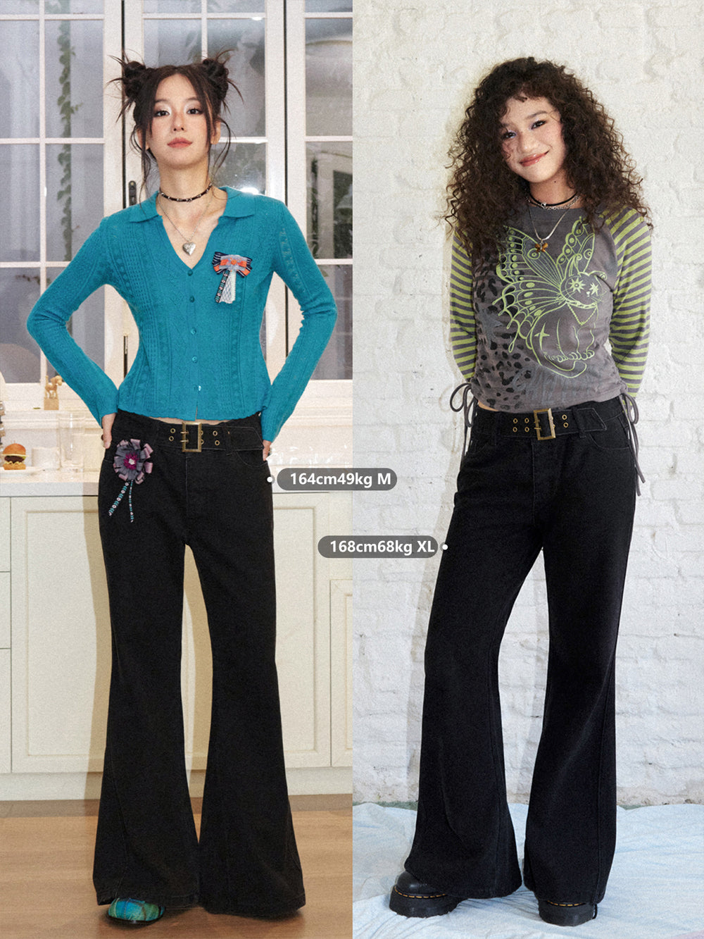Grommet Belt Low-Rise Flare Pants