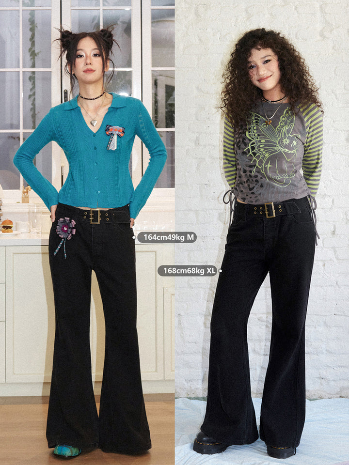 Grommet Belt Low-Rise Flare Pants