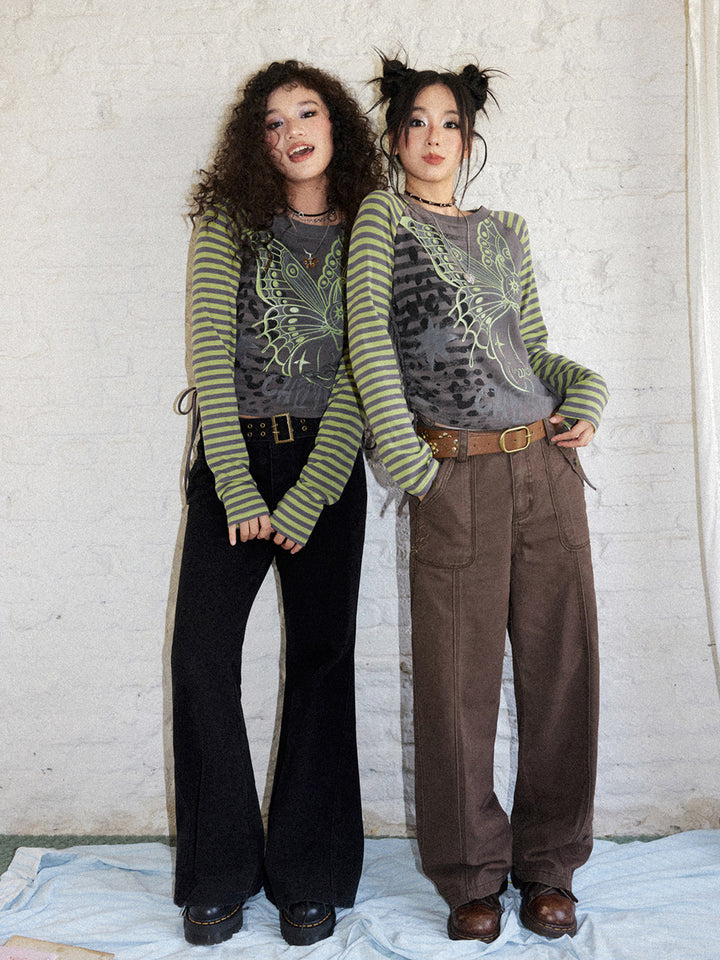 Grommet Belt Low-Rise Flare Pants