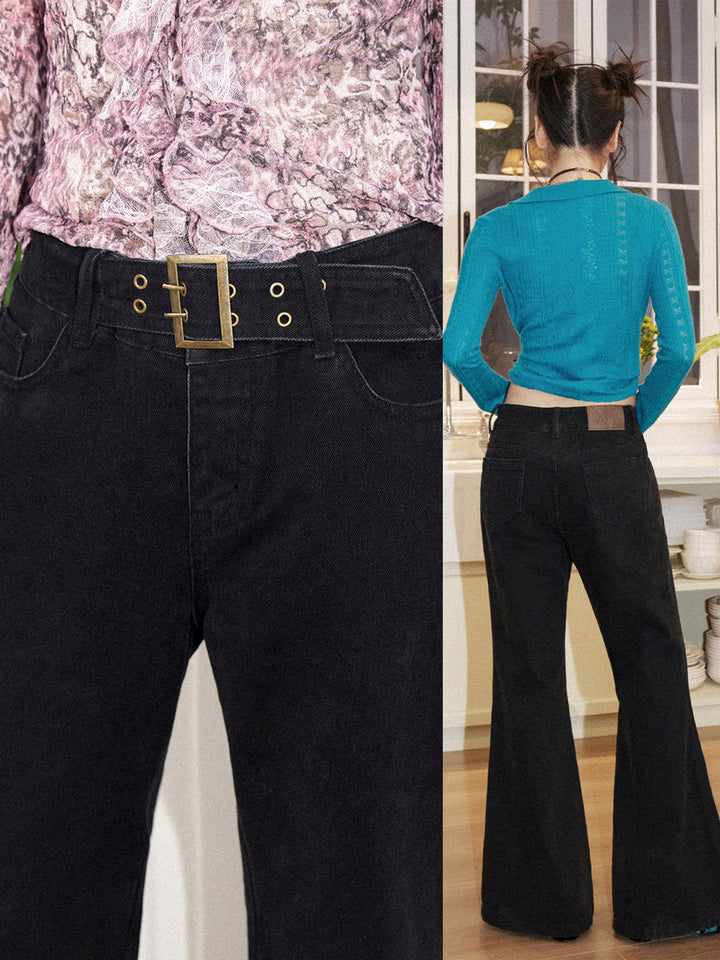 Grommet Belt Low-Rise Flare Pants