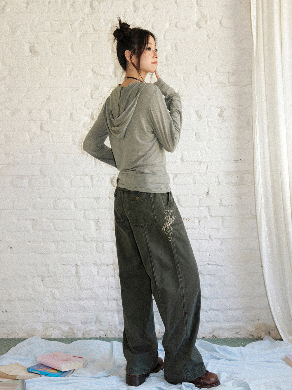 Vintage Butterfly Embroidered Wide-Leg Utility Pants