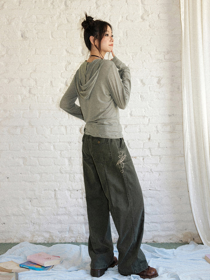 Vintage Butterfly Embroidered Wide-Leg Utility Pants