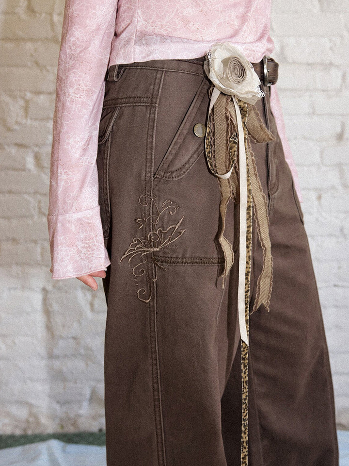 Vintage Butterfly Embroidered Wide-Leg Utility Pants