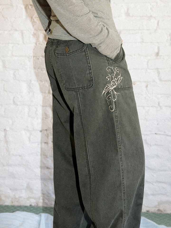 Vintage Butterfly Embroidered Wide-Leg Utility Pants