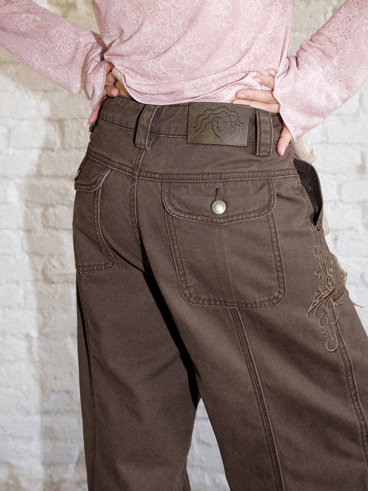 Vintage Butterfly Embroidered Wide-Leg Utility Pants