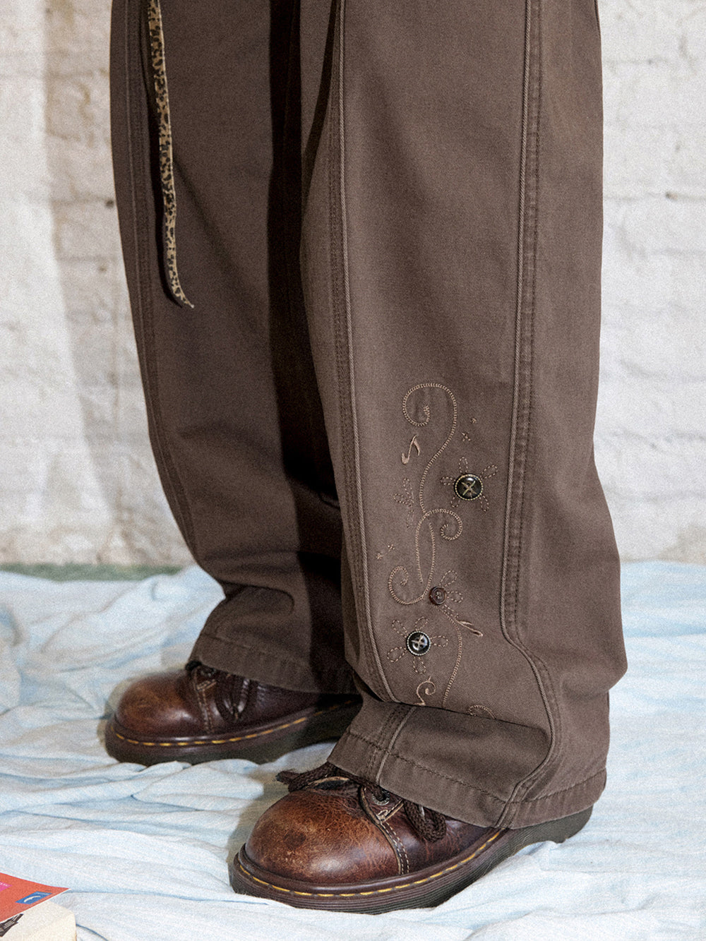 Vintage Butterfly Embroidered Wide-Leg Utility Pants