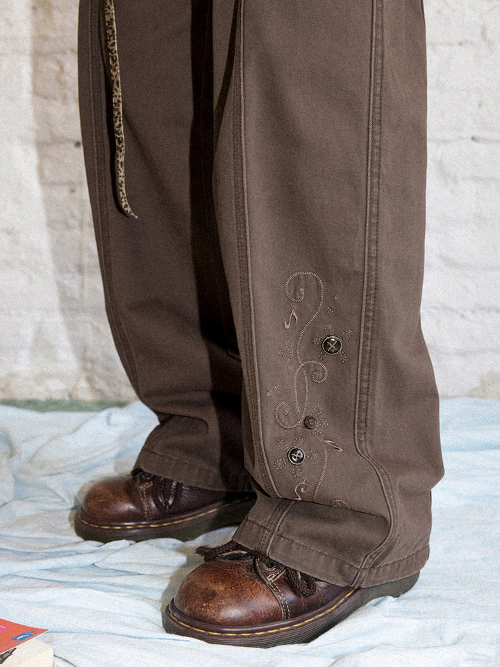 Vintage Butterfly Embroidered Wide-Leg Utility Pants