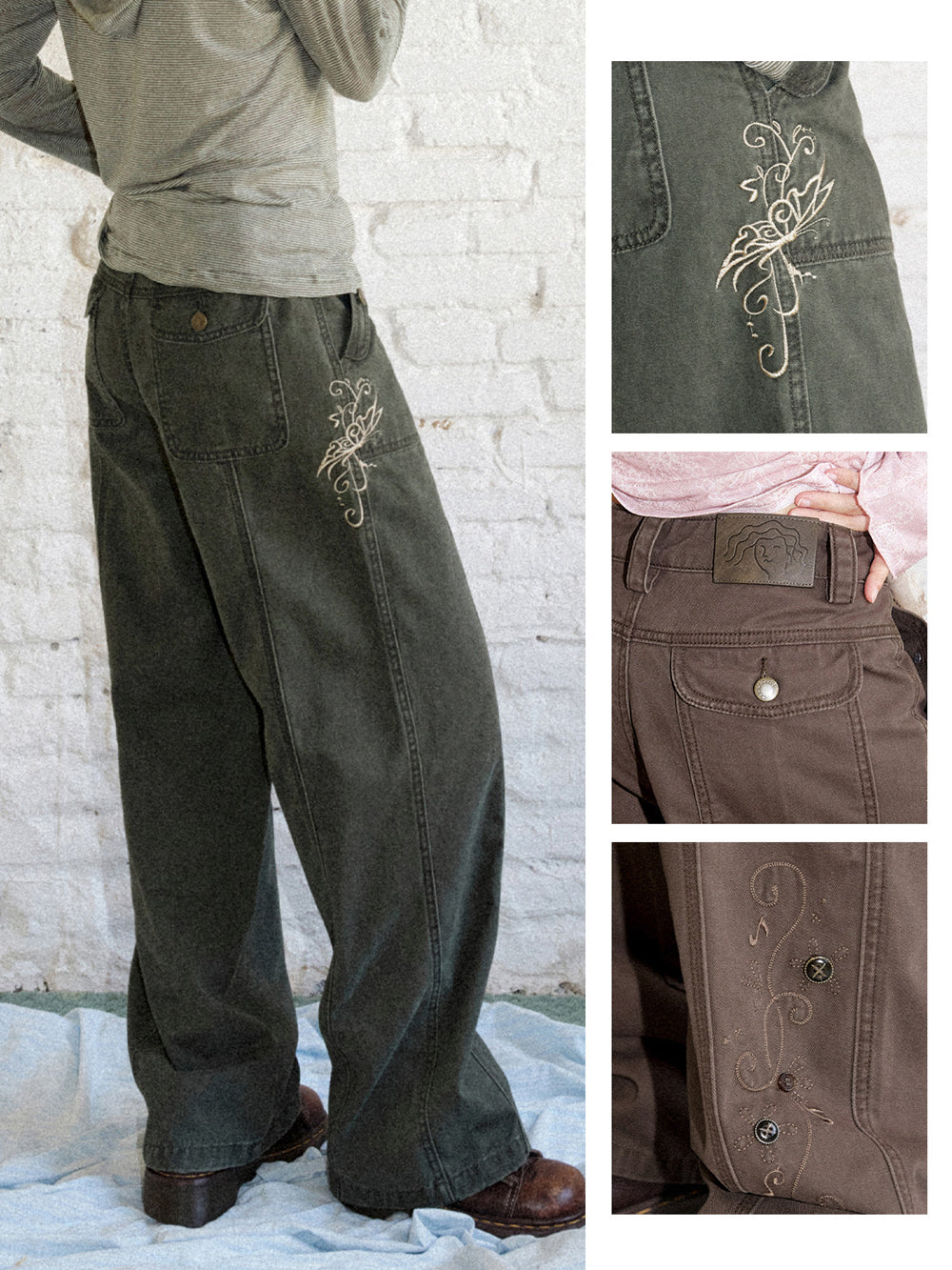 Vintage Butterfly Embroidered Wide-Leg Utility Pants