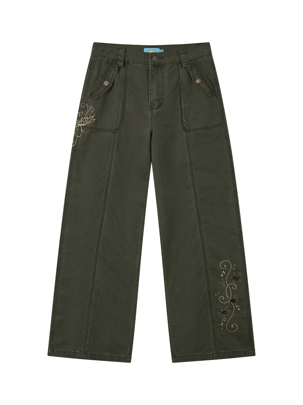 Vintage Butterfly Embroidered Wide-Leg Utility Pants