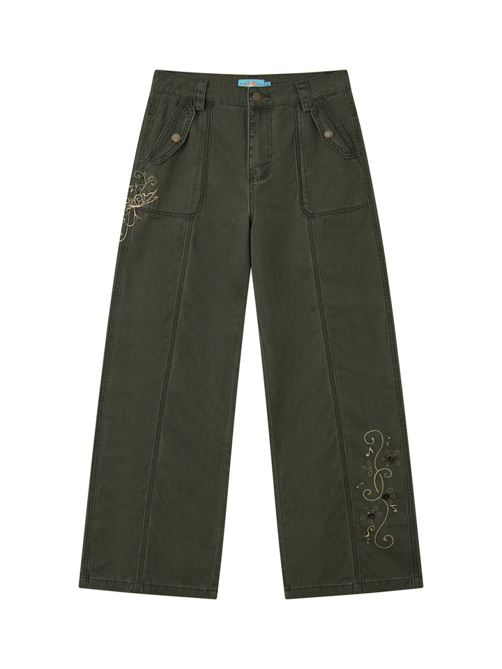 Vintage Butterfly Embroidered Wide-Leg Utility Pants