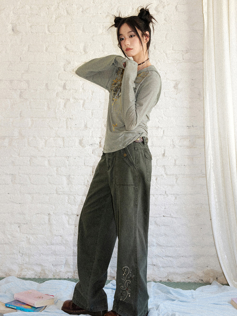Vintage Butterfly Embroidered Wide-Leg Utility Pants