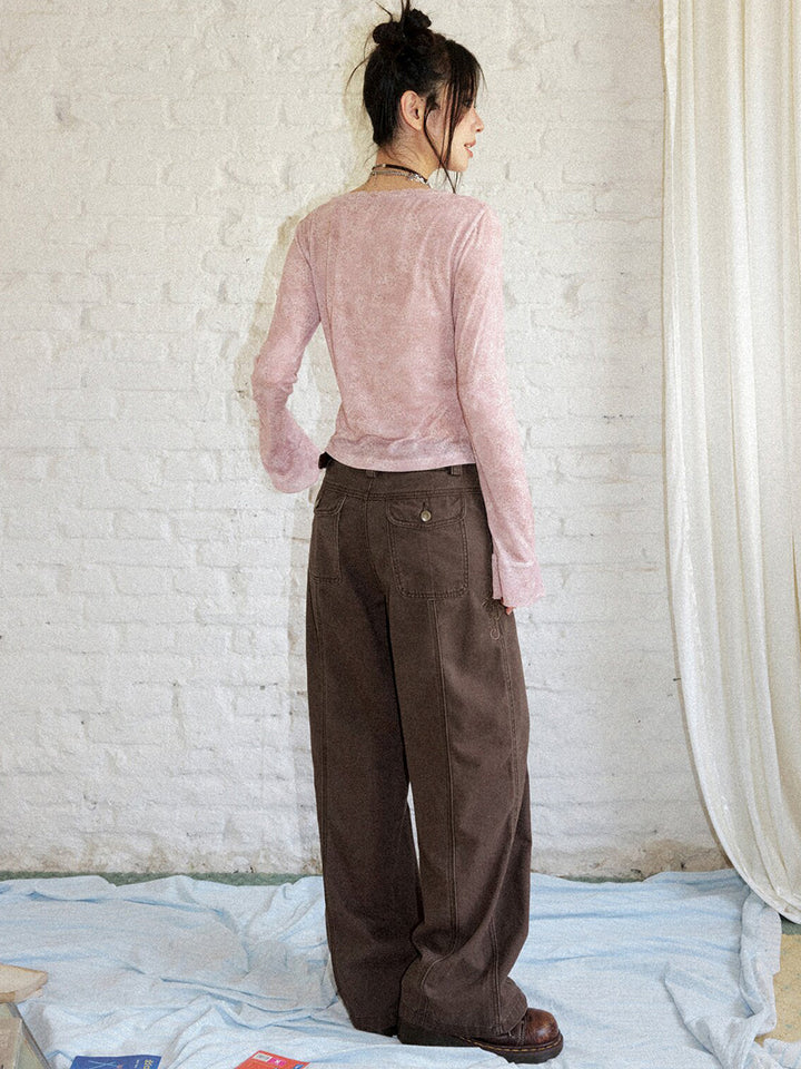 Vintage Butterfly Embroidered Wide-Leg Utility Pants