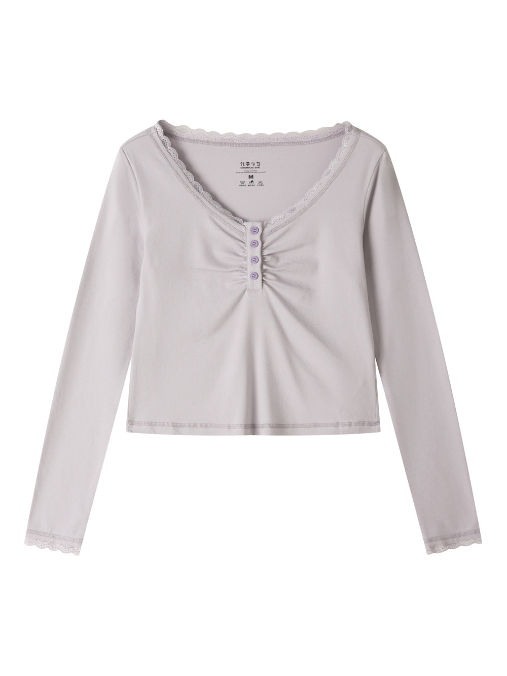 Lace Trim Ruched Henley Long Sleeve Top