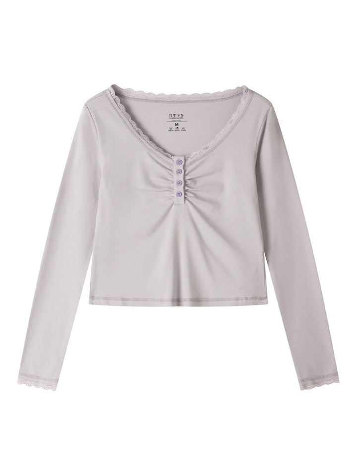 Lace Trim Ruched Henley Long Sleeve Top
