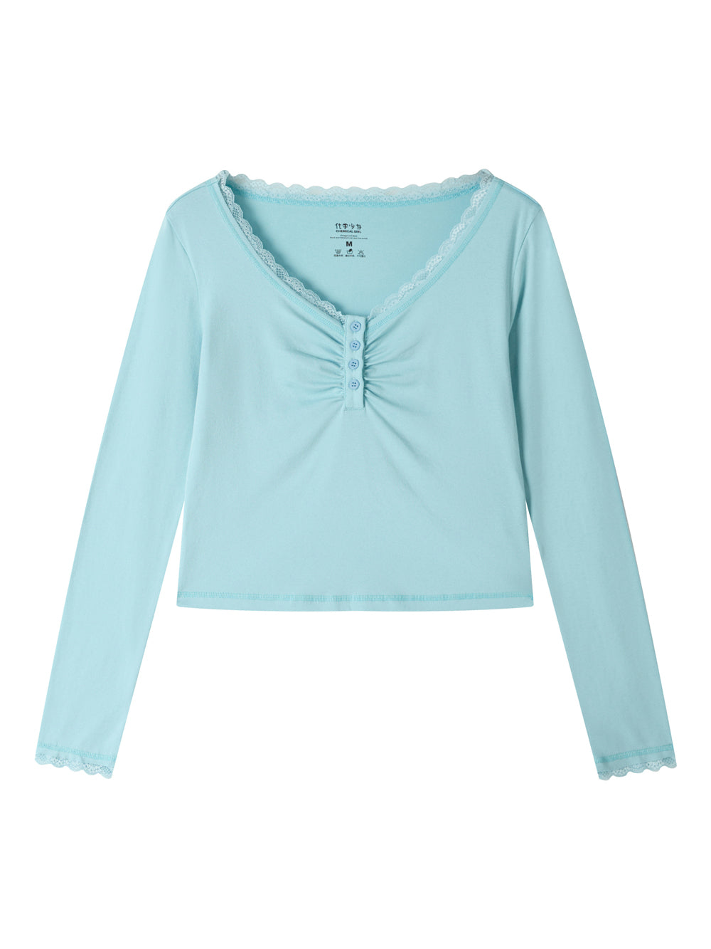Lace Trim Ruched Henley Long Sleeve Top