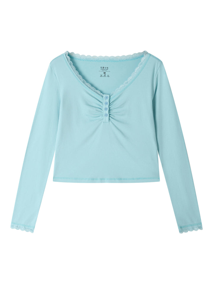 Lace Trim Ruched Henley Long Sleeve Top