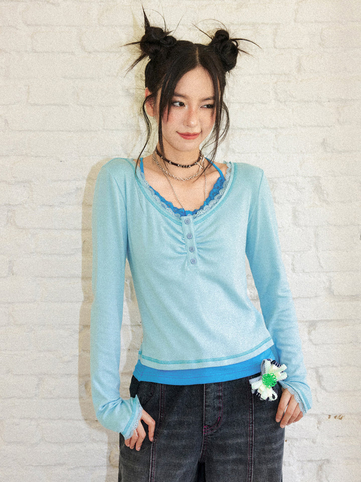 Lace Trim Ruched Henley Long Sleeve Top