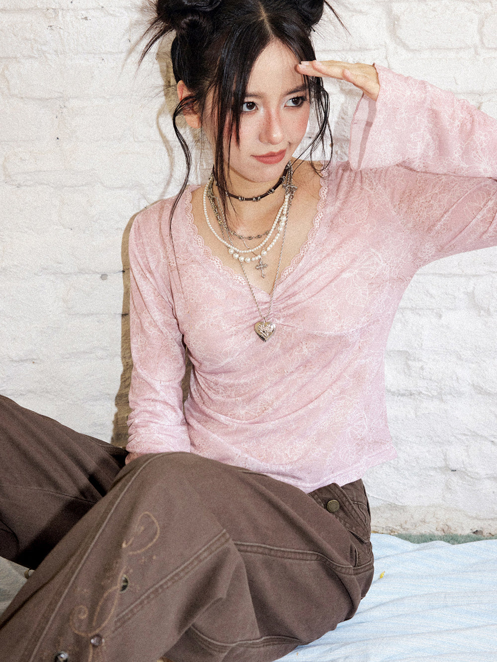 Floral Mesh Ruched Bell Sleeve Top