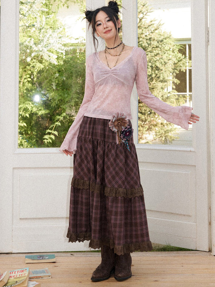 Floral Mesh Ruched Bell Sleeve Top