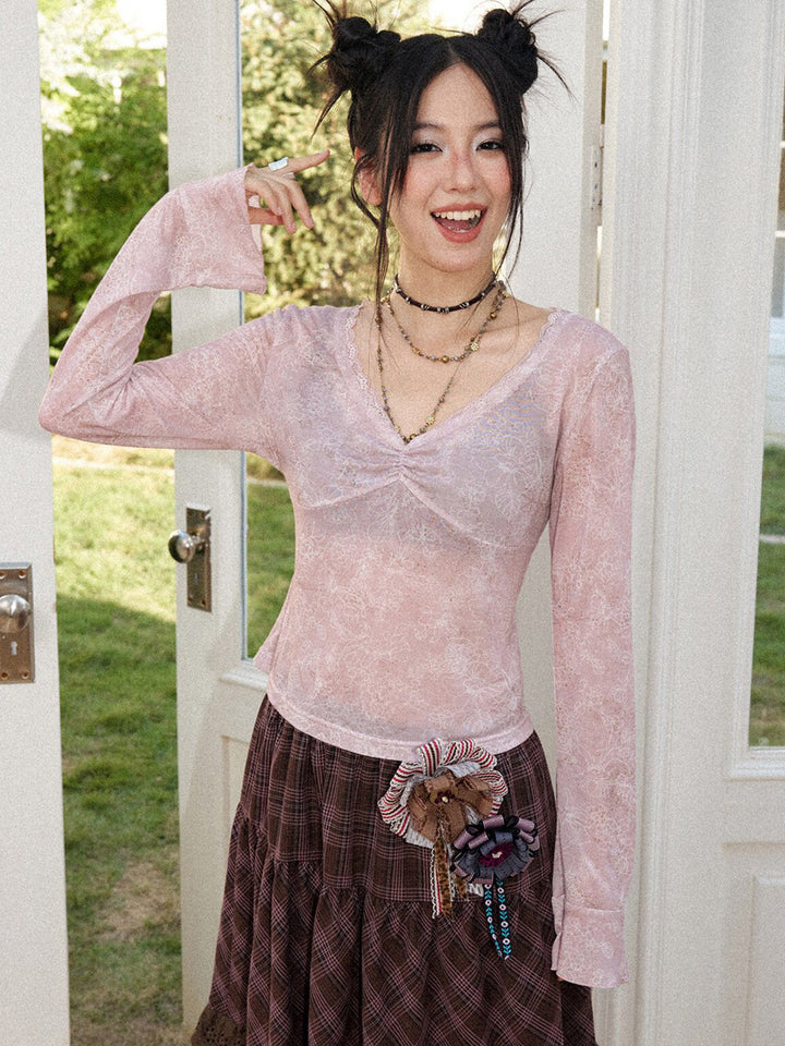 Floral Mesh Ruched Bell Sleeve Top