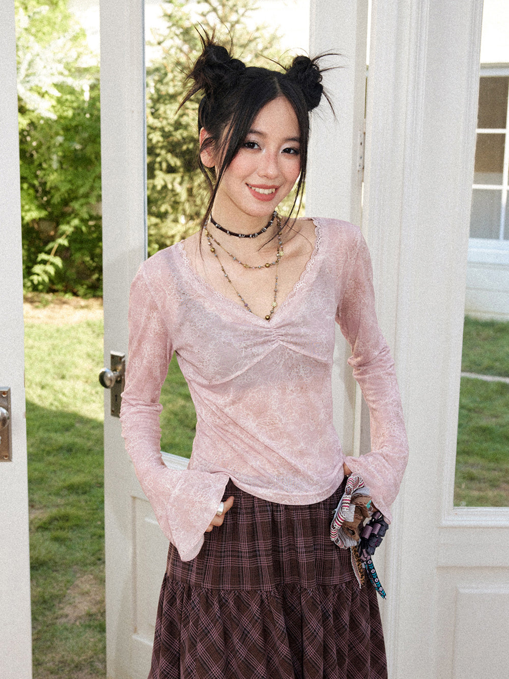 Floral Mesh Ruched Bell Sleeve Top