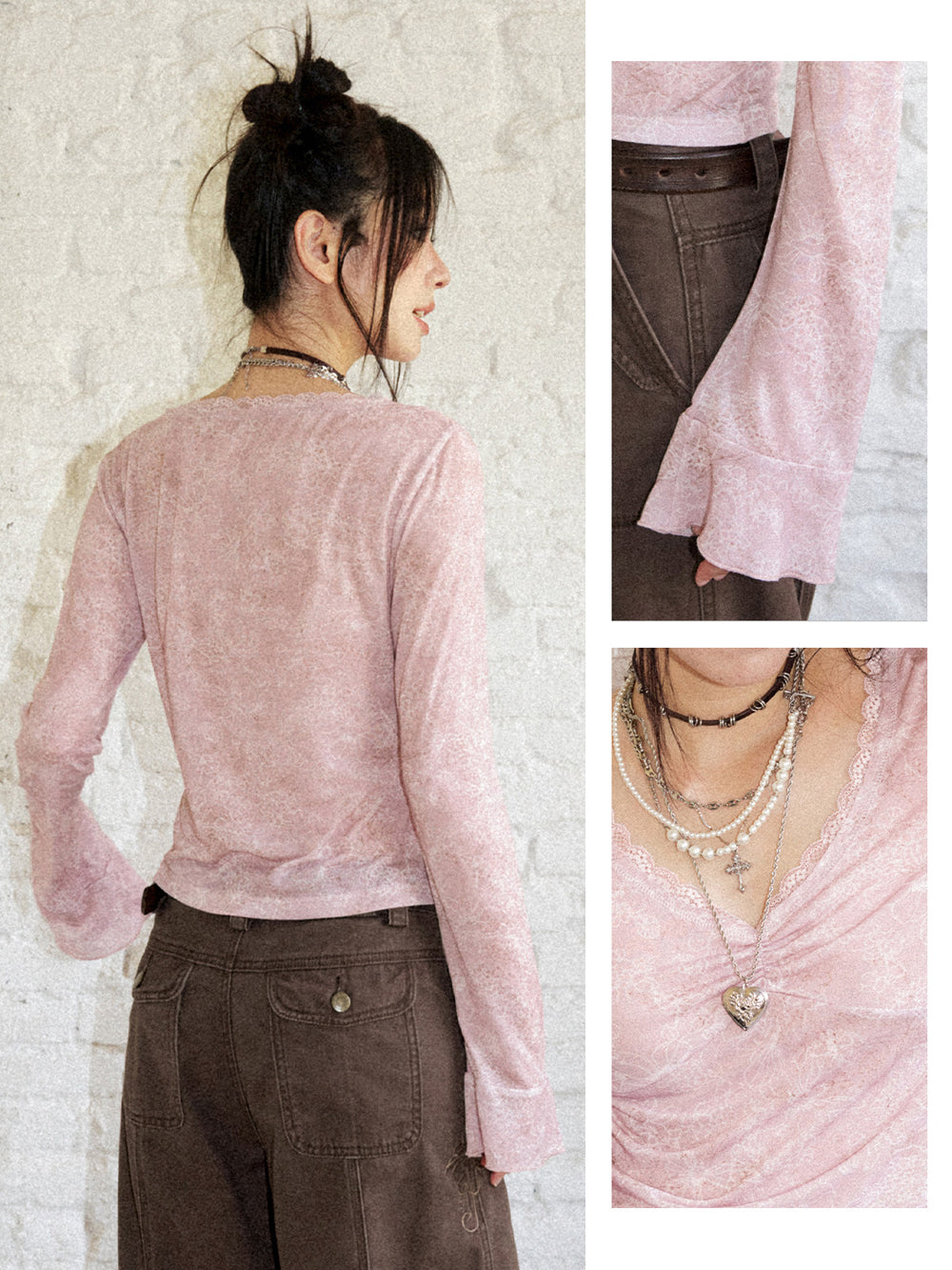 Floral Mesh Ruched Bell Sleeve Top