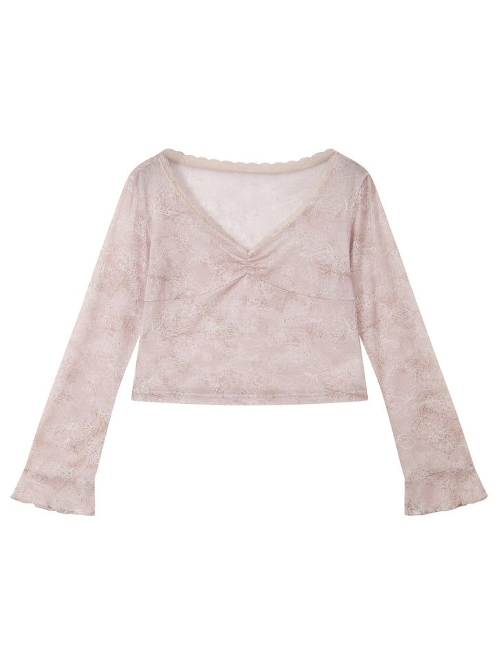 Floral Mesh Ruched Bell Sleeve Top