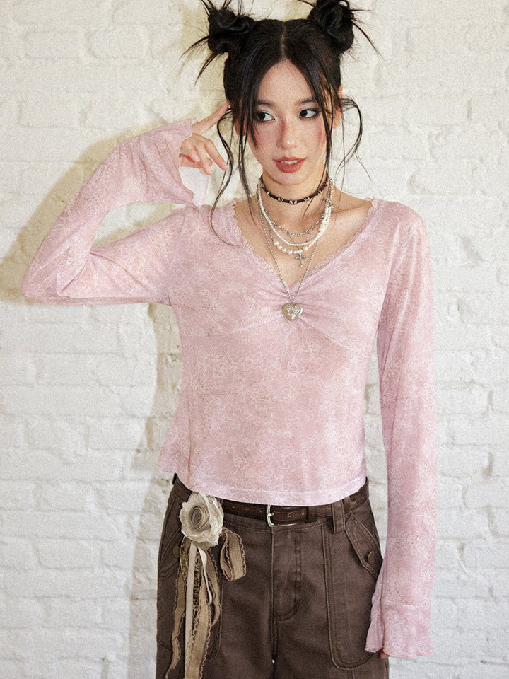 Floral Mesh Ruched Bell Sleeve Top