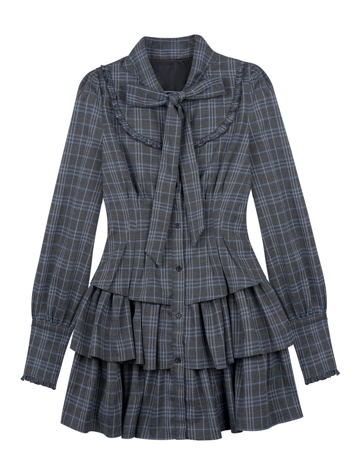 Plaid Bow Collar Tiered Mini Dress