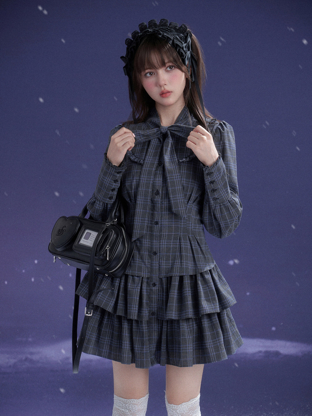 Plaid Bow Collar Tiered Mini Dress