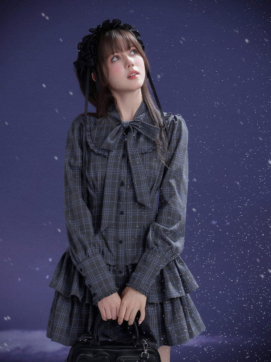 Plaid Bow Collar Tiered Mini Dress