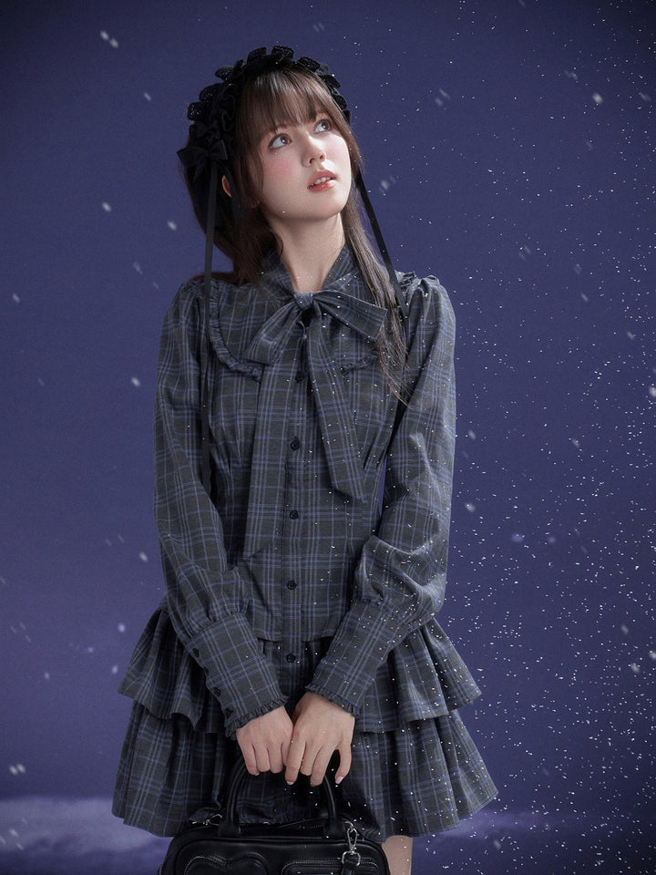 Plaid Bow Collar Tiered Mini Dress